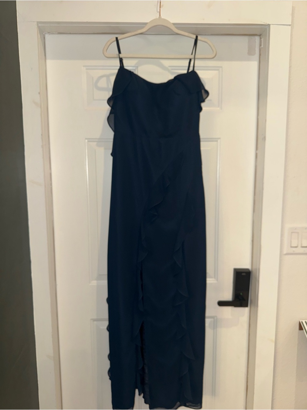 Azazie Barbie 1001 Navy Ruffle Spaghetti Strap Maxi Dress